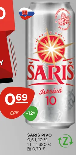 Šariš Svetlé pivo plechovka