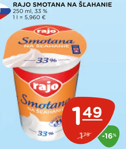 Rajo Smotana na šľahanie 33%