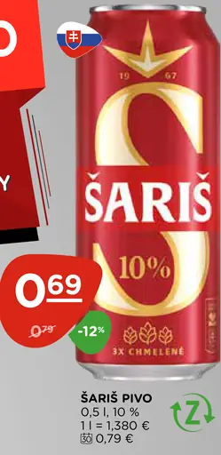 Šariš Svetlé pivo plechovka