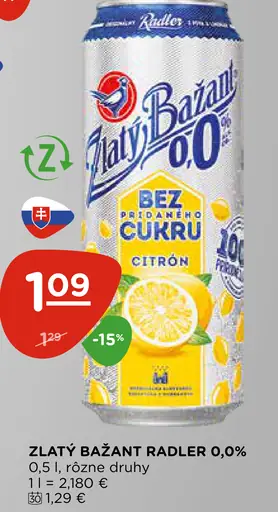 Zlatý Bažant Radler 0,0% citrón baza mäta