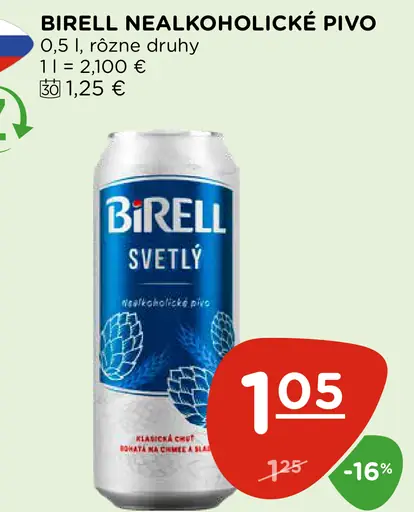 Birell Svetlý nealkoholické pivo plechovka