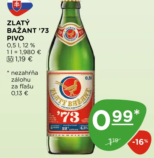 Zlatý Bažant '73 pivo svetlý ležiak