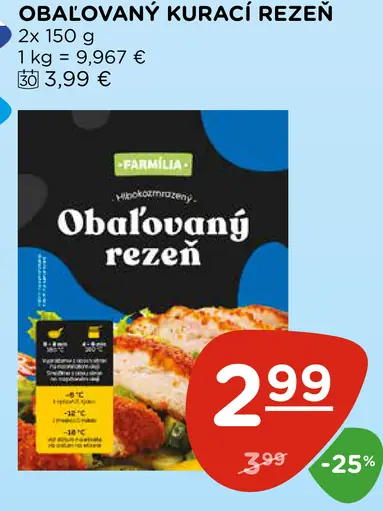 Farmília obaľovaný kurací rezeň mrazený