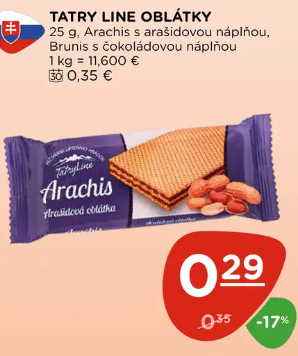 Tatry Line oblátky Arachis s arašidovou náplňou, Brumis s čokoládovou náplňou