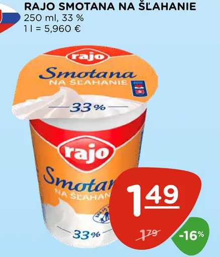 Rajo Smotana na šľahanie 33%