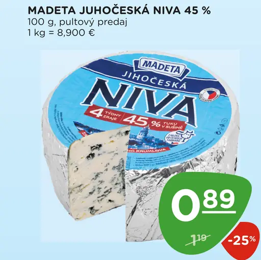 Madeta Juhočeská Niva 45 % pultový predaj