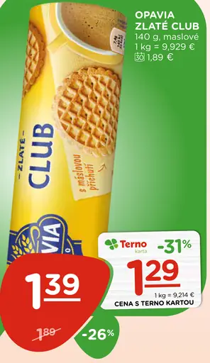 Opavia Zlaté Club maslové oblátky. Cena 1,39 €, cena s Terno kartou 1,29 €.