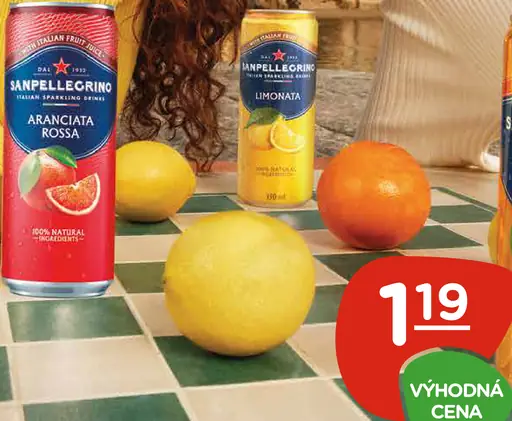 Sanpellegrino sýtené nápoje rôzne druhy: Aranciata Rossa, Limonata a Aranciata, plechovka