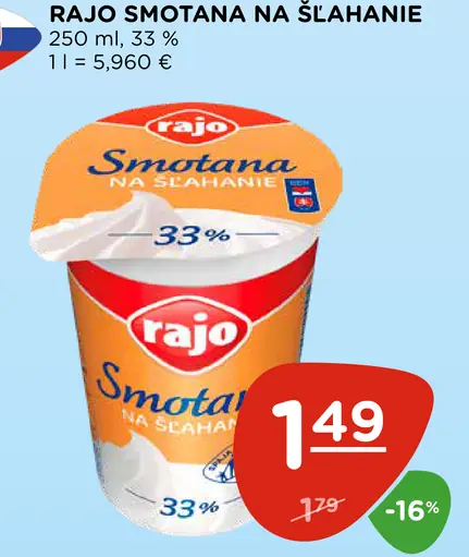 Rajo Smotana na šľahanie 33%