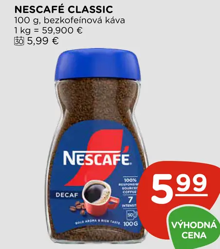 Nescafé Classic Decaf bezkofeínová instantná káva