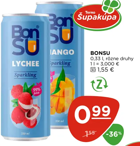 Bonsu sýtený ovocný nápoj, príchute liči a mango, plechovka