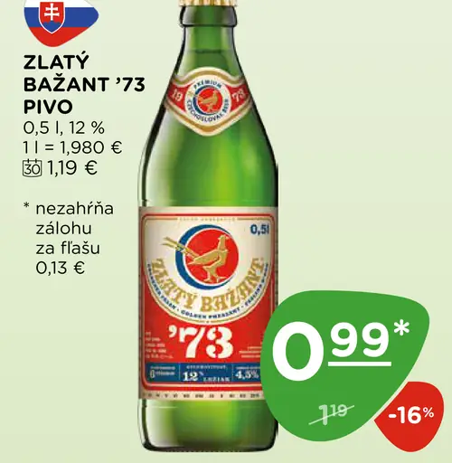 Zlatý Bažant '73 pivo svetlý ležiak