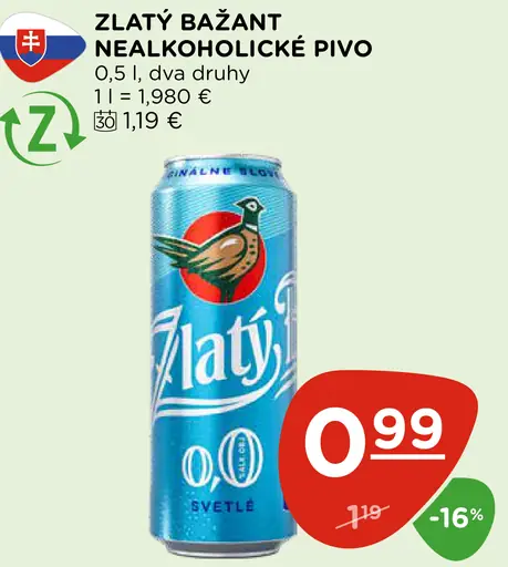 Zlatý Bažant nealkoholické pivo plechovka, svetlé a tmavé