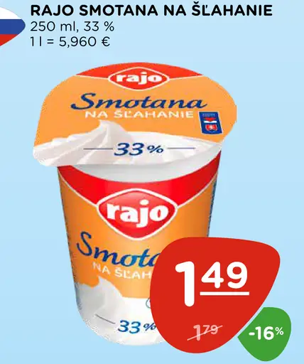 Rajo Smotana na šľahanie 33%