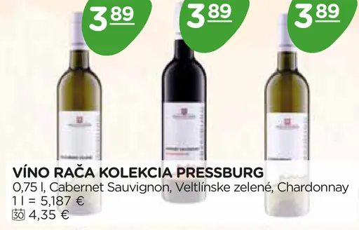 Víno Rača kolekcia Pressburg – Cabernet Sauvignon, Veltlínske zelené, Chardonnay