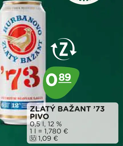 Zlatý Bažant '73 pivo svetlý ležiak plechovka