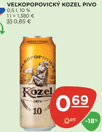 Velkopopovický Kozel pivo plechovka