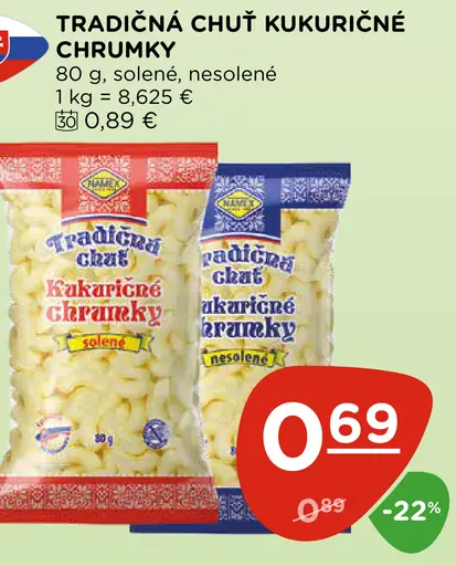 Tradičná chuť kukuričné chrumky, solené a nesolené