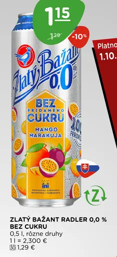 Zlatý Bažant Radler 0,0% bez pridaného cukru mango & marakuja