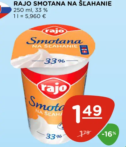 Rajo Smotana na šľahanie 33%