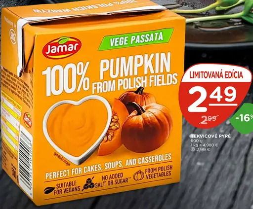 Jamar tekvicové pyré 100 % z poľských tekvíc