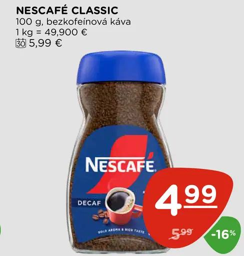 Nescafé Classic Decaf bezkofeínová instantná káva