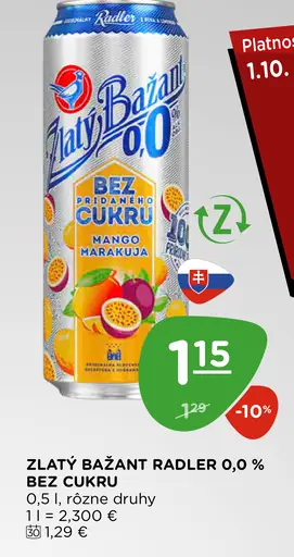 Zlatý Bažant Radler 0,0 % bez cukru, mango-marakuja, rôzne druhy