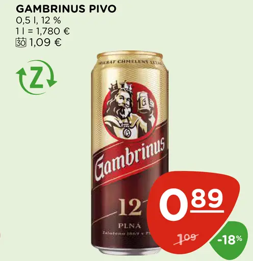 Gambrinus pivo 12 plechovka