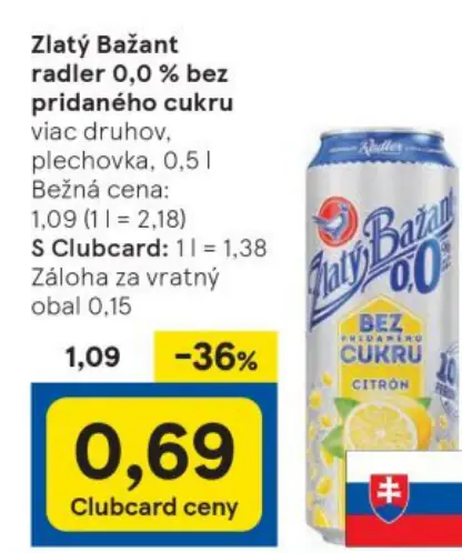 Zlatý Bažant radler 0,0 % bez pridaného cukru