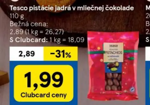 Tesco pistácie jadrá v mliečnej čokoláde