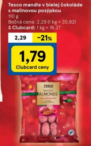 Tesco mandle v bielej čokoláde s malinovou posýpkou