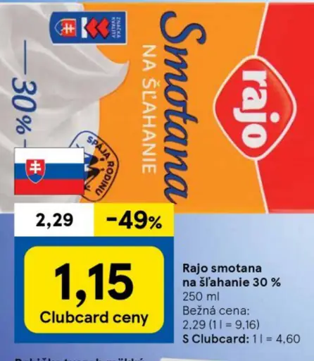 Rajo smotana na šľahanie 30%