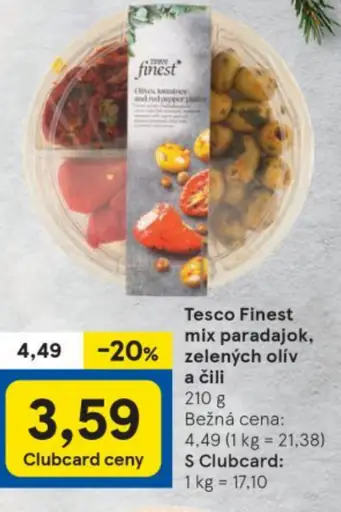 Tesco Finest mix paradajok, zelených olív a čili