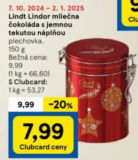 Lindt Lindor mliečna čokoláda s jemnou tekutou náplňou