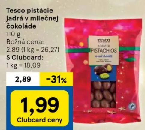 Tesco pistácie jadrá v mliečnej čokoláde