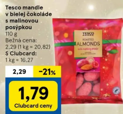 Tesco mandle v bielej čokoláde s malinovou posýpkou