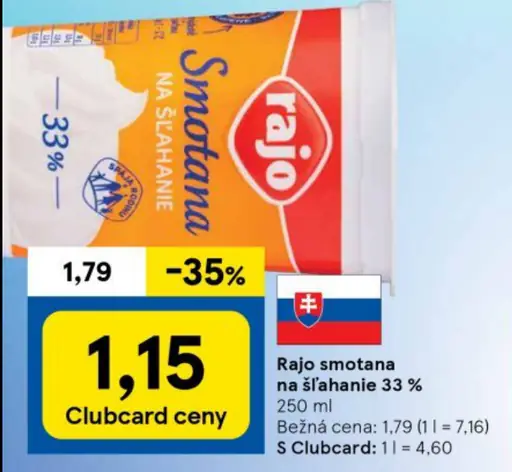 Rajo smotana na šľahanie 33%