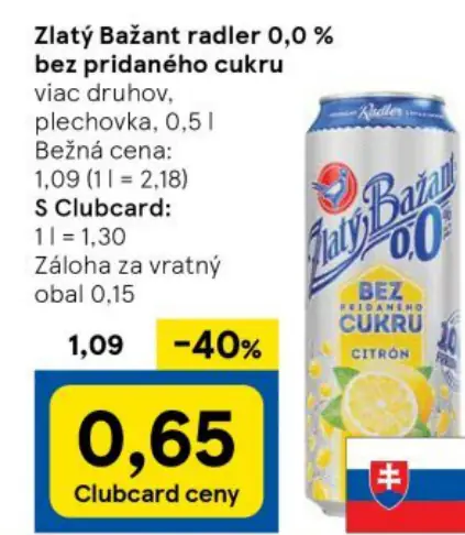 Zlatý Bažant radler 0,0 % bez pridaného cukru