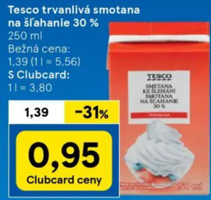 Tesco trvanlivá smotana na šľahanie 30 %