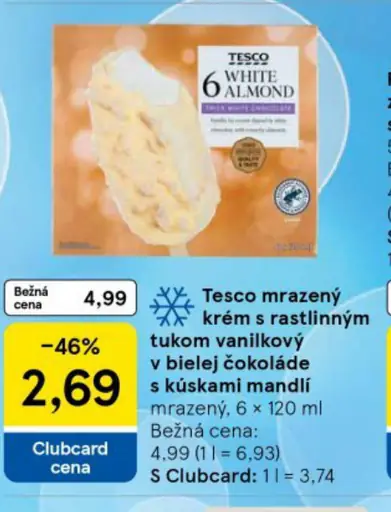 Tesco mrazený krém s rastlinným tukom vanilkový v bielej čokoláde s kúskami mandlí