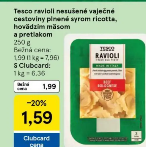 Tesco ravioli nesušené vajecné cestovinové plnené syrom ricotta, hovädzím mäsom a pretlakom