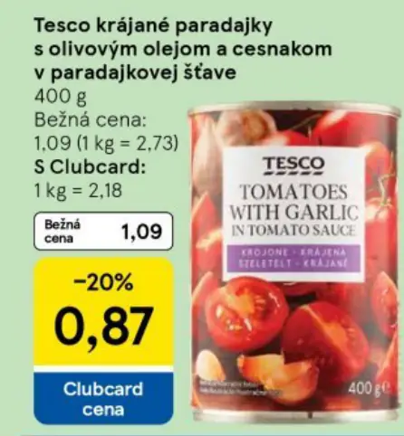 Tesco krájané paradajky s olivovým olejom a cesnakom v paradajkovej šťave