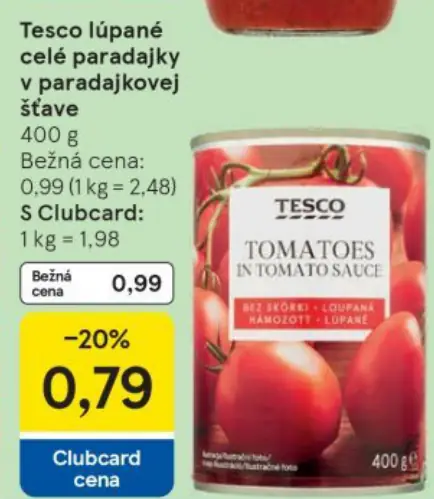 Tesco lúpané celé paradajky v paradajkovej šťave