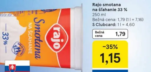 Rajo smotana na šľahanie 33%