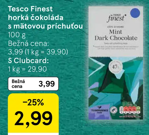 Tesco Finest horká čokoláda s mätovou príchuťou