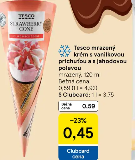Tesco mrazený krém s vanilkovou príchuťou a jahodovou polevou