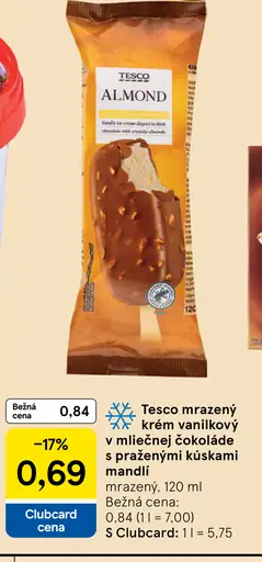Tesco mrazený krém s rastlinným tukom vanilkový v bielej čokoláde s kúskami mandlí