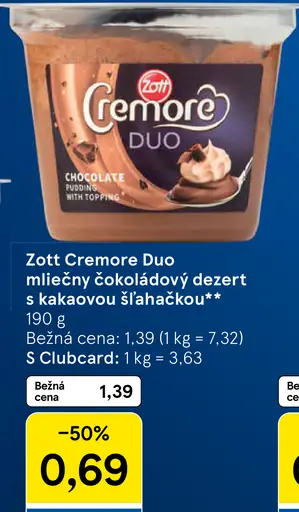 Zott Cremore Duo mliečny čokoládový dezert s kakaovou šľahačkou