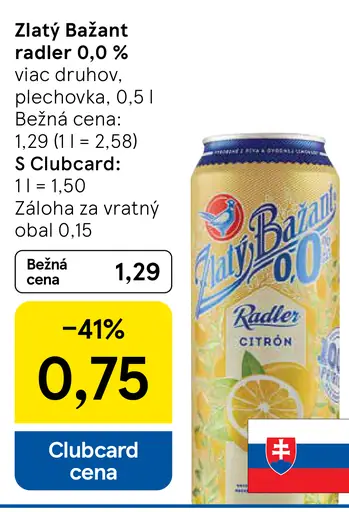 Zlatý Bažant radler 0,0 % plechovka