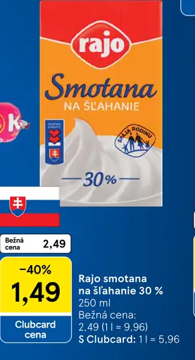 Rajo Smotana na šľahanie 30 %